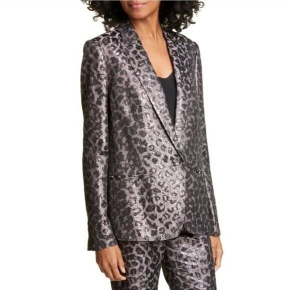 Tanya Taylor Analiese Leopard Gunmetal Metallic Blazer Jacket NEW Women's 0